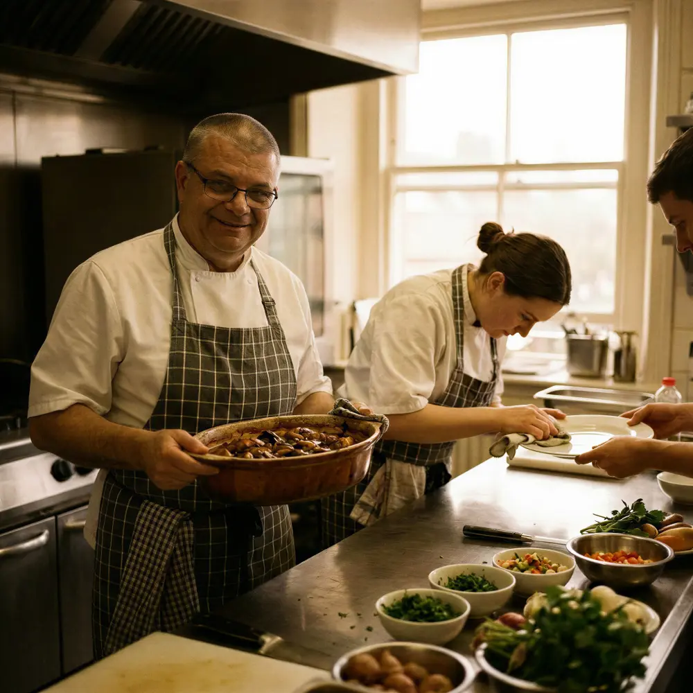 Deux chefs préparent un plat dans une cuisine professionnelle avec divers ingrédients sur le comptoir.