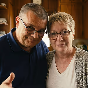 Un homme et une femme plus âgés portant des lunettes, posant ensemble dans une cuisine en bois.