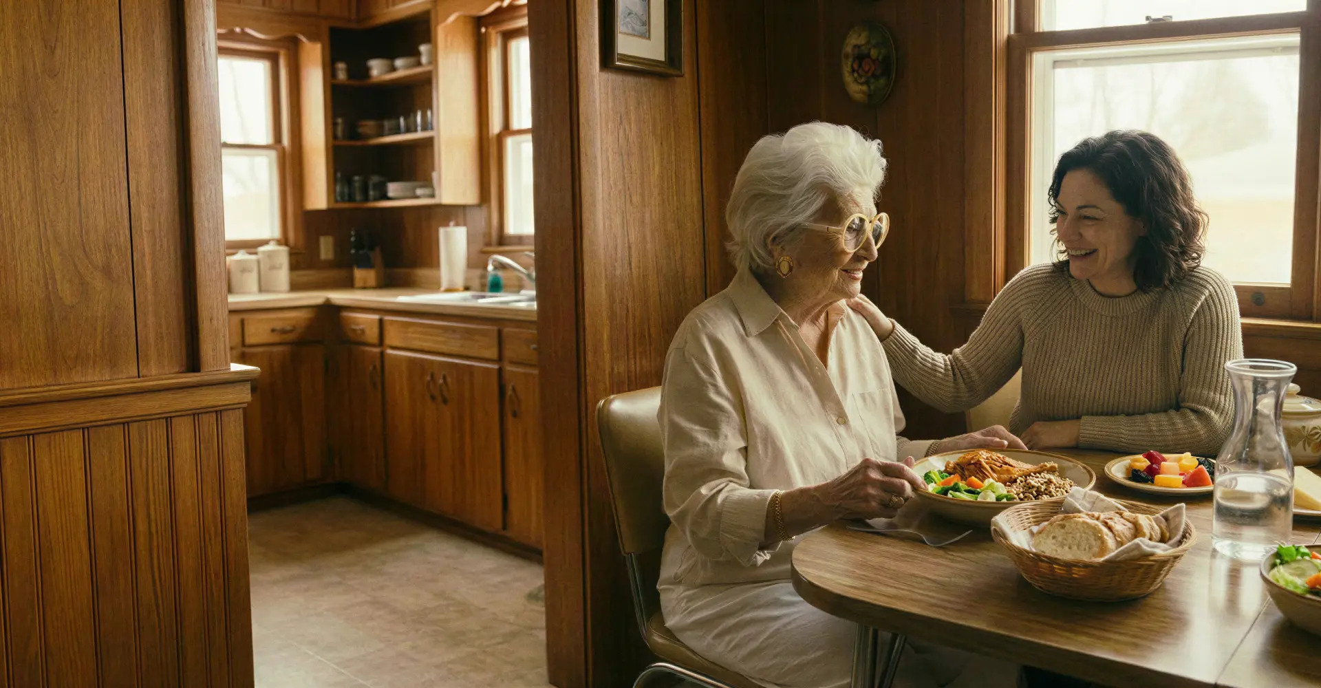Une femme plus jeune sourit à une dame âgée en train de manger à une table dans une cuisine en bois.