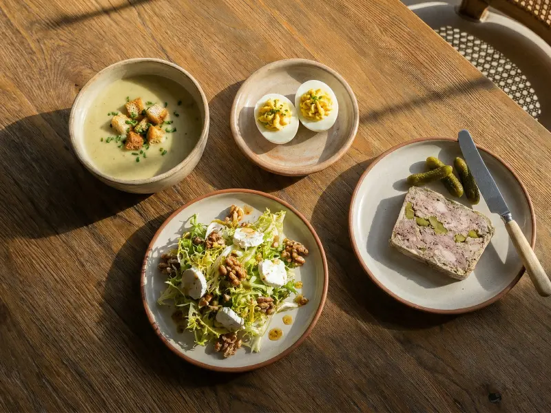 Assiettes de soupe, œufs mimosa, salade aux noix et fromage, et pâté avec cornichons sur table en bois.