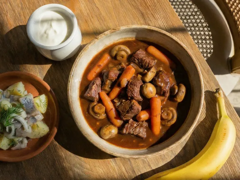 Bol de ragoût avec morceaux de viande, carottes et champignons, banane, sauce blanche et salade d'oignons et pommes de terre.