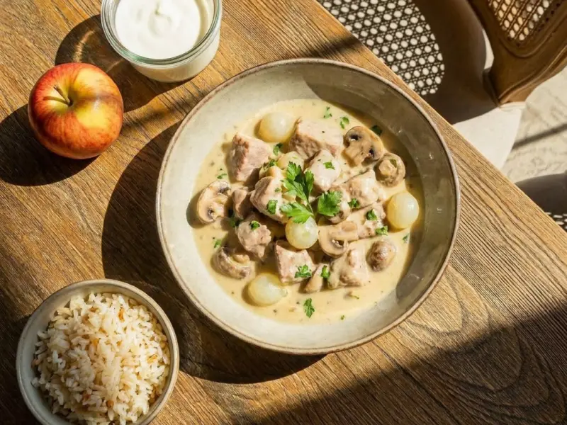 Plat de blanquette de veau avec champignons et oignons, accompagné de riz, pomme et crème sur table en bois.