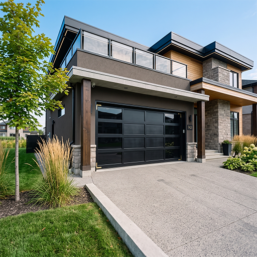 photograph of ablack garage door with windows