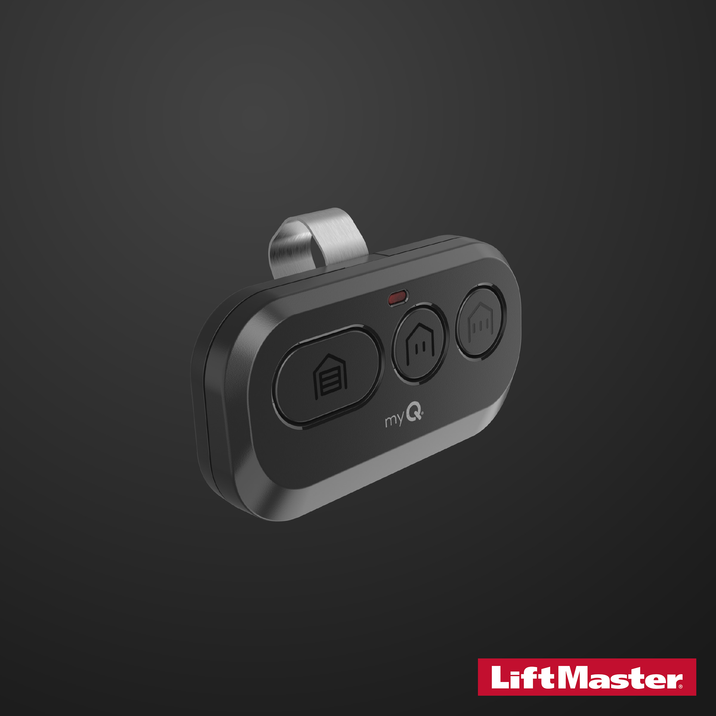 Télécommande noire LiftMaster myQ avec trois boutons pour ouvrir différents portes, sur fond gris foncé.