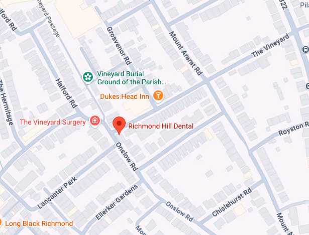 Map showing Richmond Hill Dental on Onslow Rd near Vineyard Burial Ground and Dukes Head Inn.