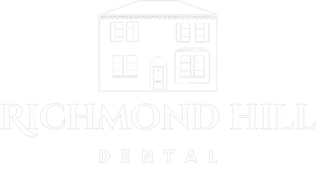 White logo with a house icon above the text 'Richmond Hill Dental' on a black background.