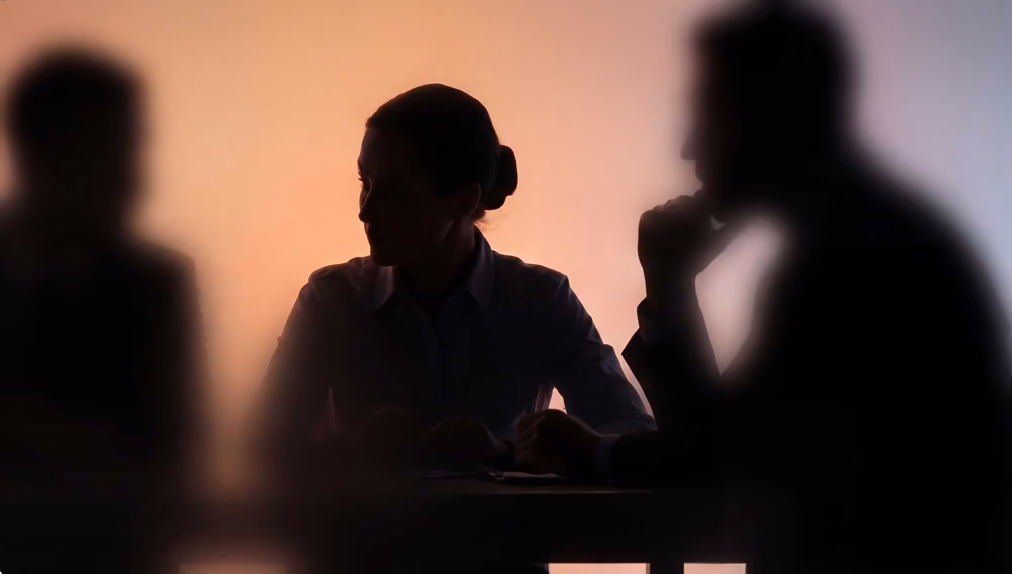 Silhouette of a woman seated at a table across from a person in a softly lit interview setting