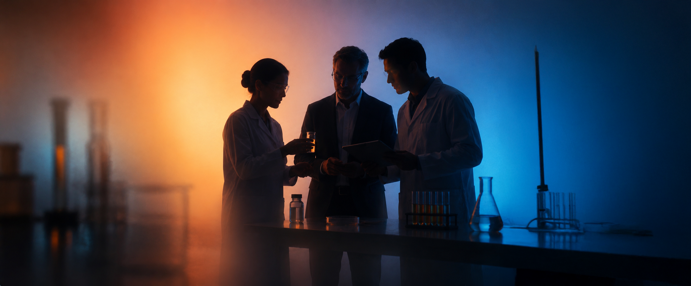 Silhouette of a woman in profile seated between two blurred figures, lit by warm light