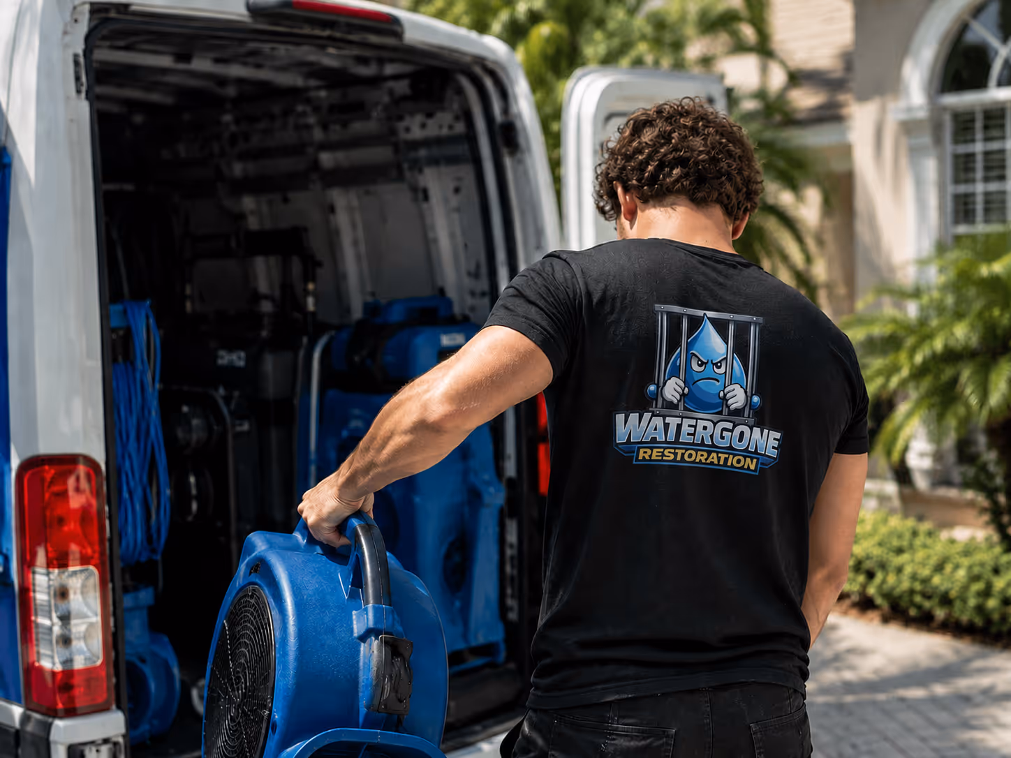 Technician unloading a commercial air mover from the Water Gone Restoration van