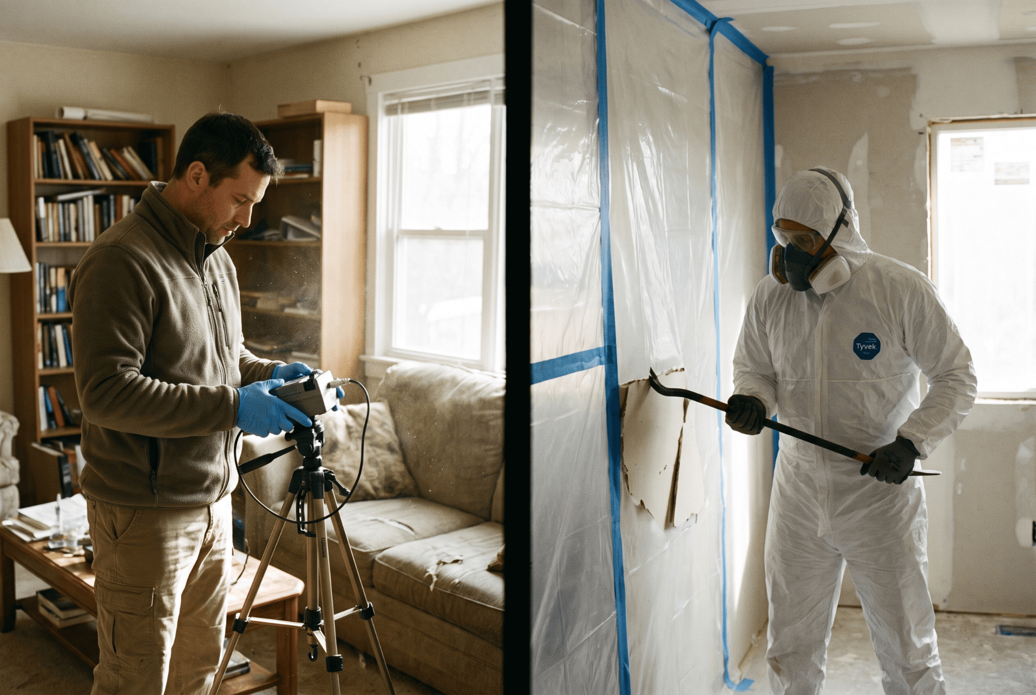 Mold testing vs. mold remediation shown side by side in an Orange County home.