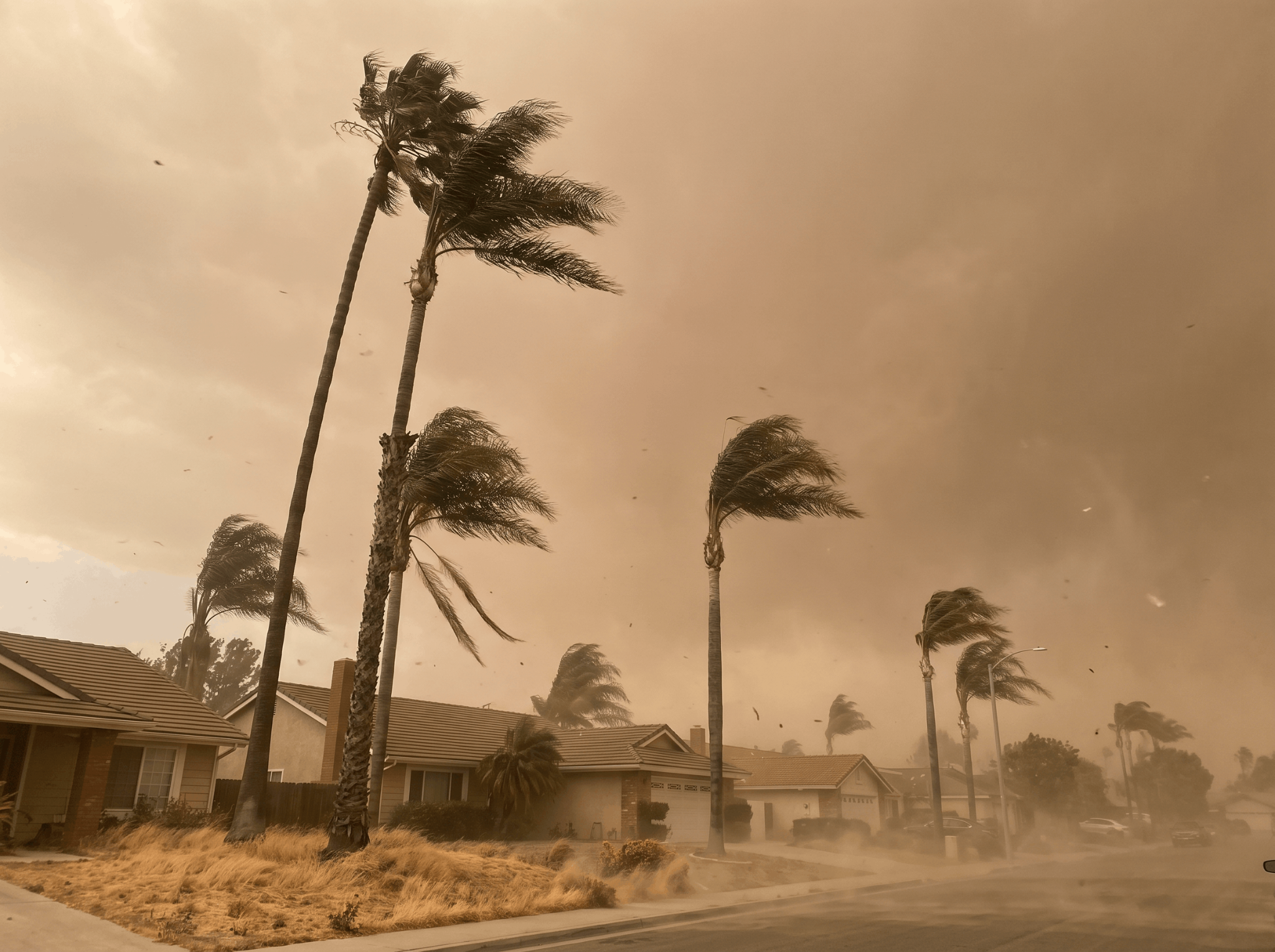 Palm fronds blown sideways beneath a hazy sky