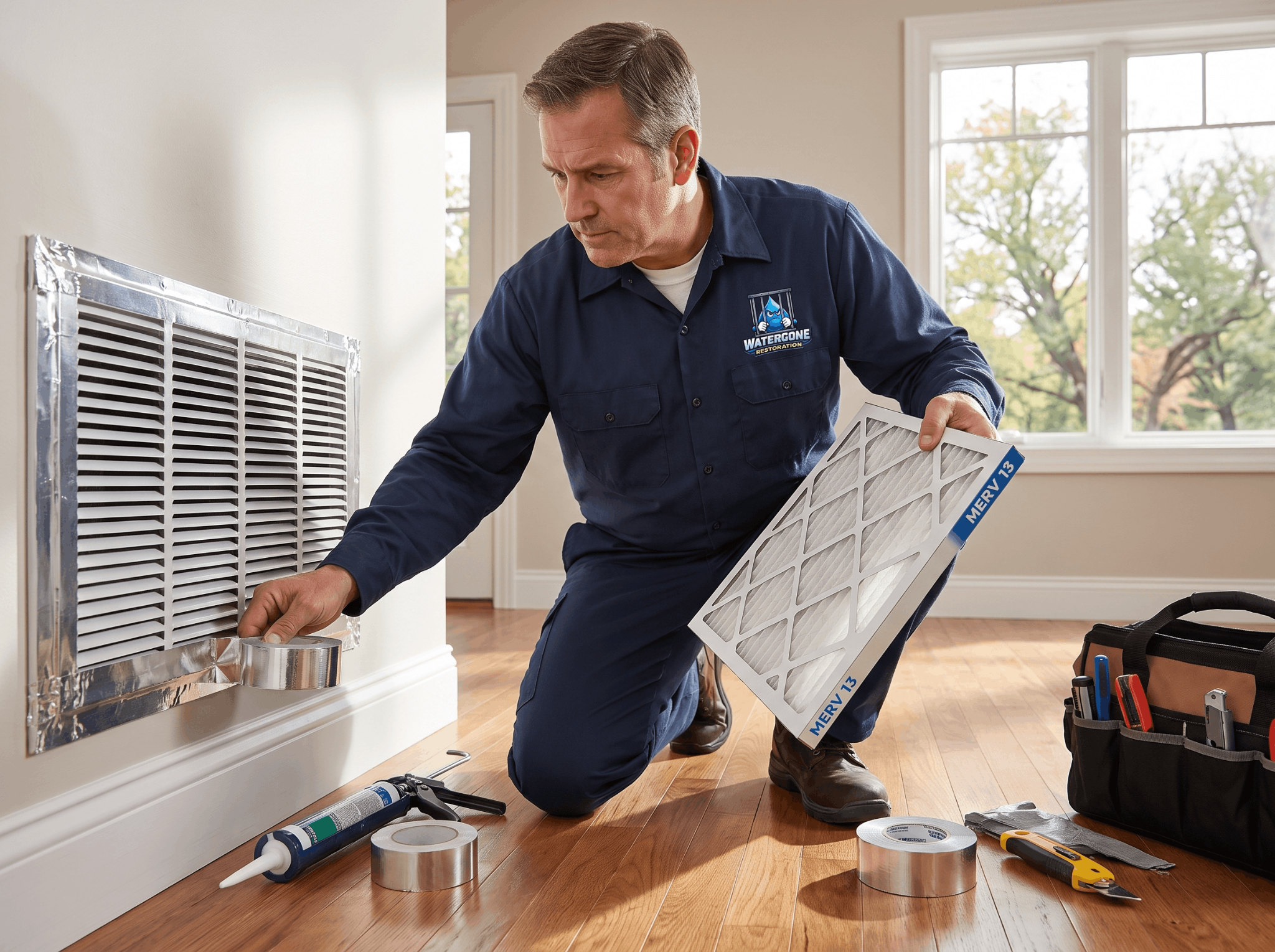 Technician sealing an HVAC intake and checking its filter