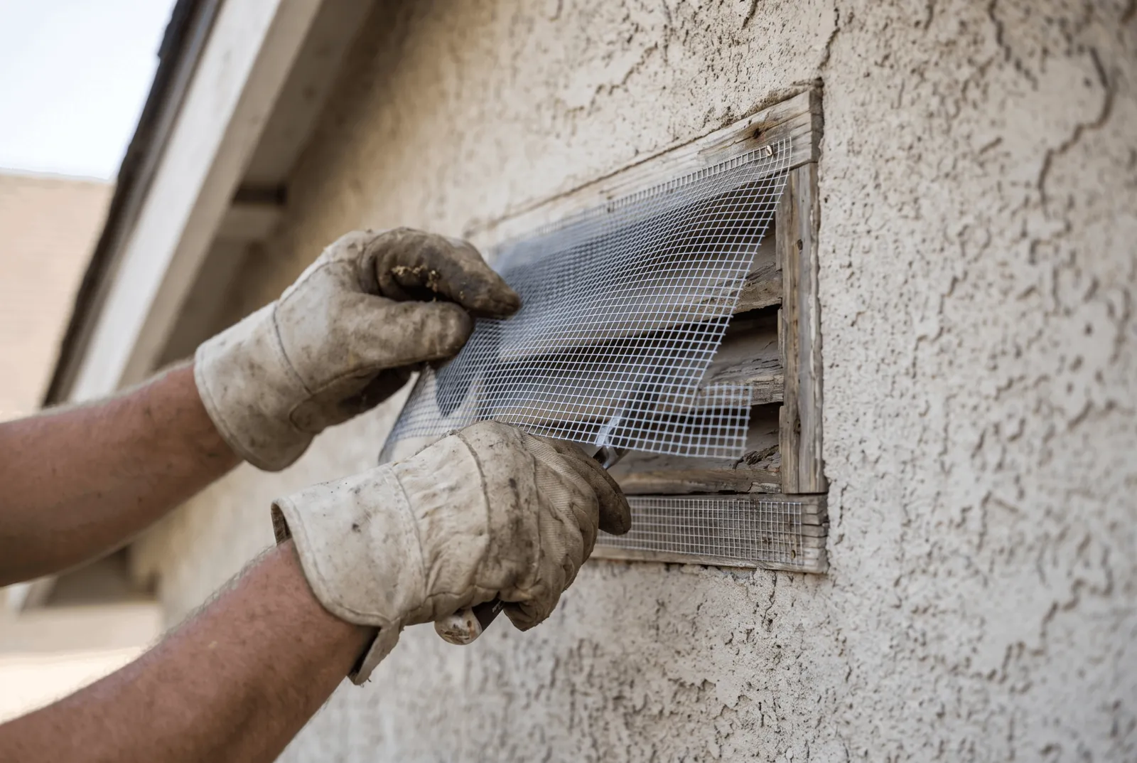 Contractor fitting metal mesh screening over an attic vent
