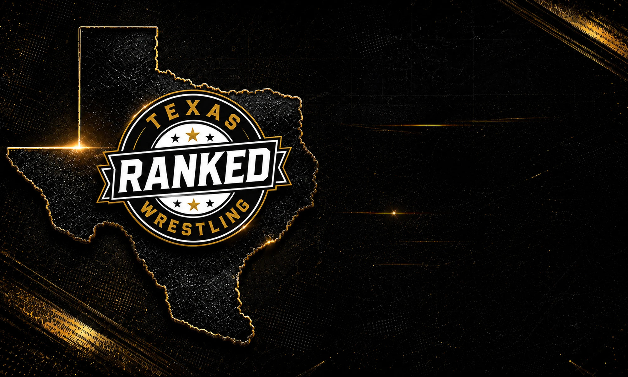 Texas Ranked Wrestling homepage hero image featuring the official Ranked Wrestling logo over a dark Texas state outline with black and gold sports styling and clean open space for page content.