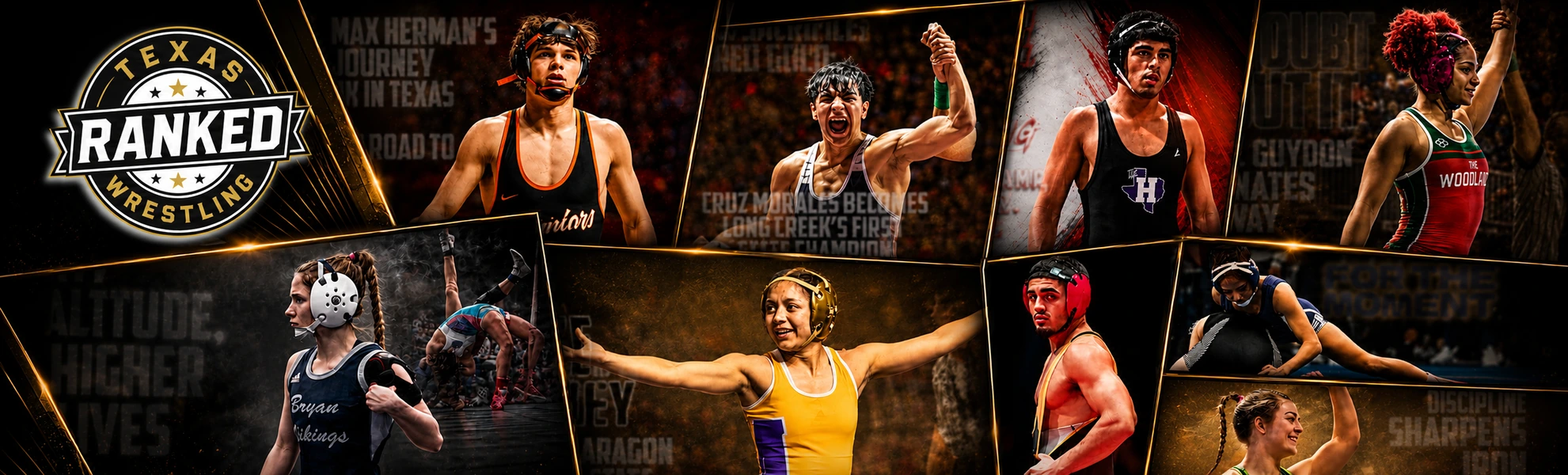 Texas Ranked Wrestling banner featuring high school wrestlers from across Texas in a black and gold sports collage.
