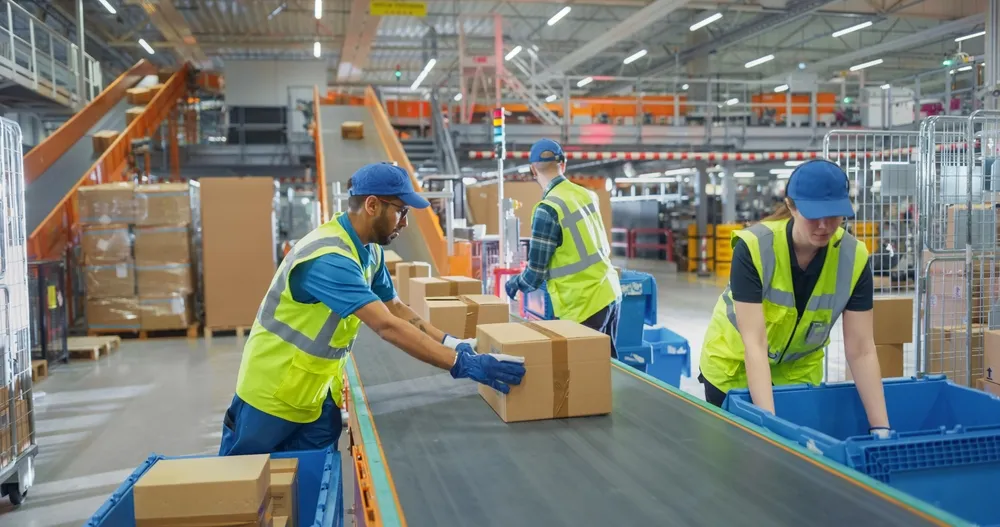 Workers moving boxes off a conveyor belt and into transport bins.