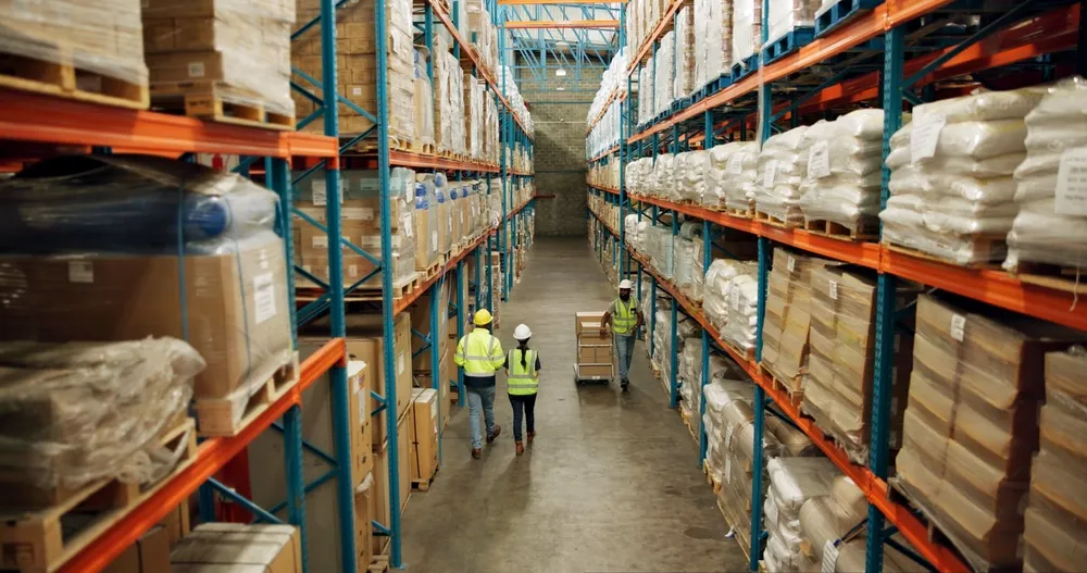 A warehouse with products on the shelves and workers walking down the isle.