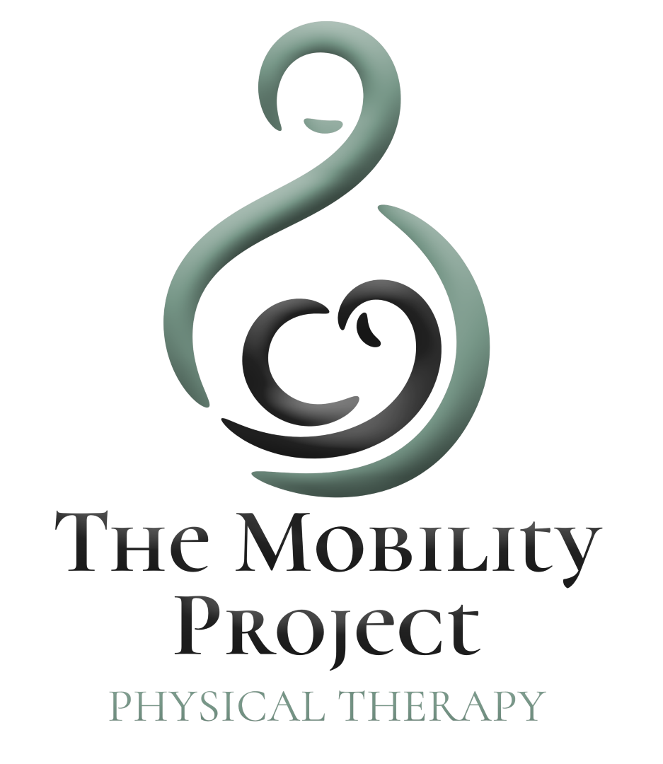 Logo showing abstract figures of a parent and child in a circle with text: The Mobility Project Physical Therapy.