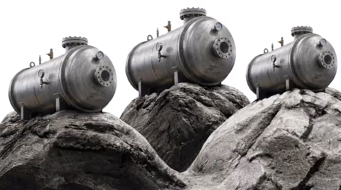Three industrial metal pressure vessels mounted on large rocky surfaces isolated on black.