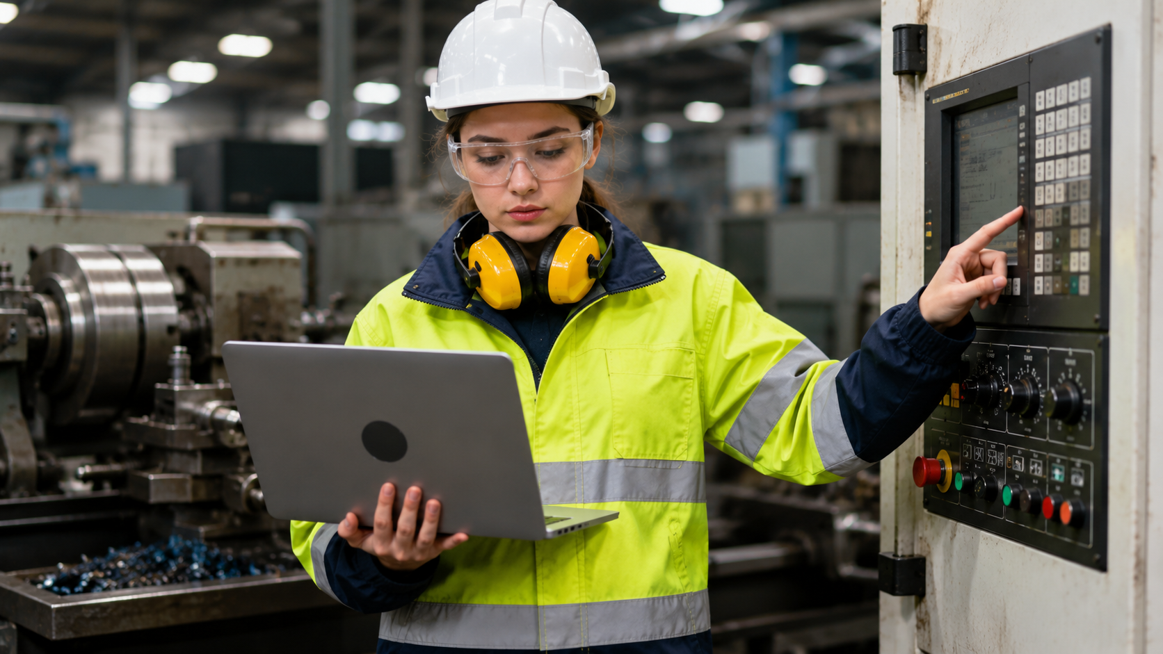 Industrial worker at machine control station