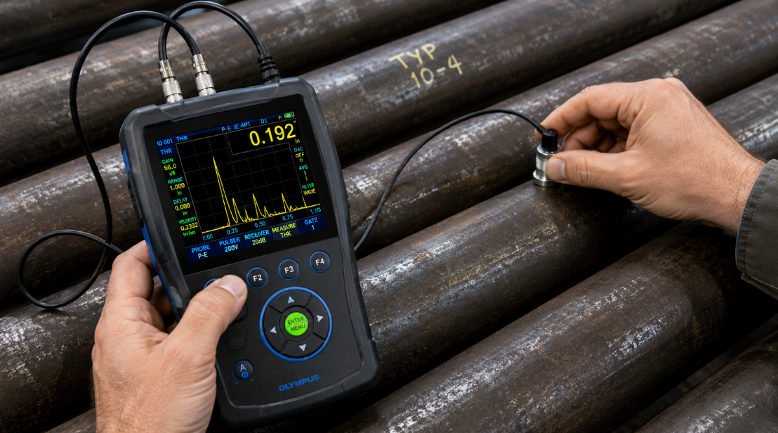 technician using ultrasonic thickness gauge
