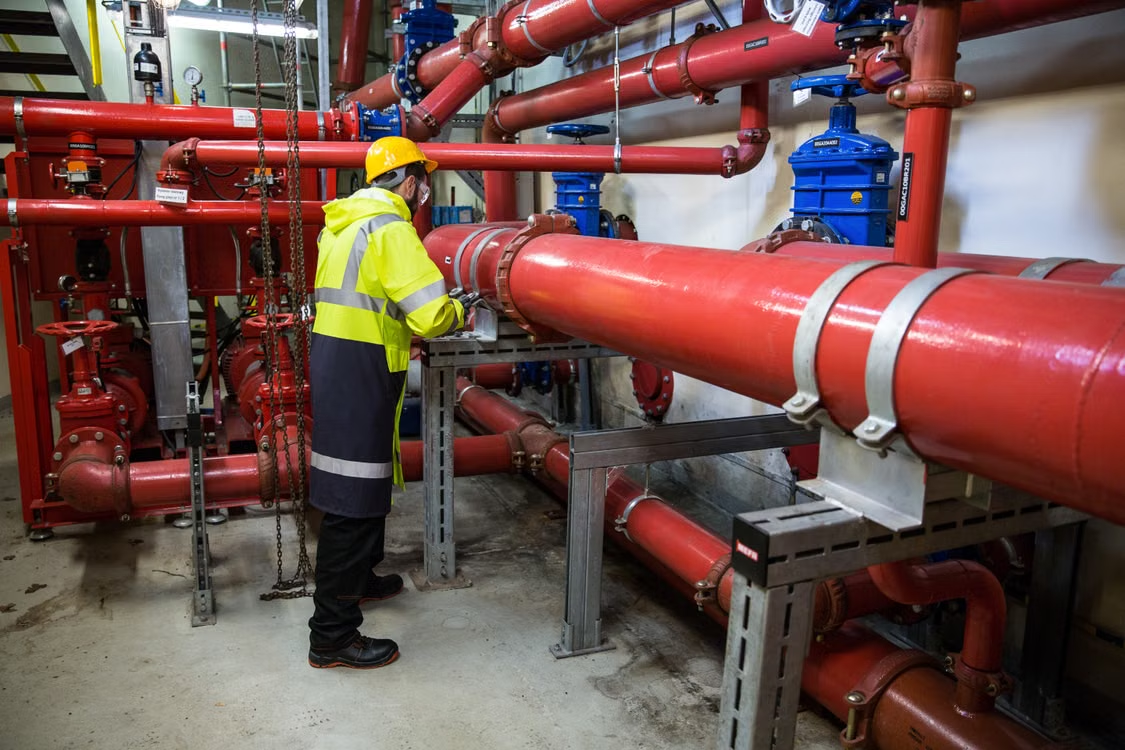 industrial piping system inspection closeup