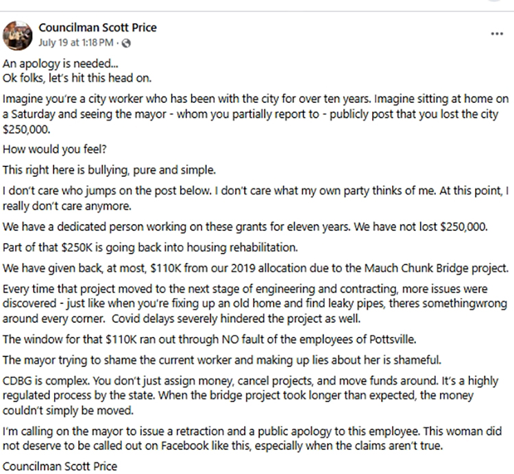 Screenshot of Councilman Scott Price's Facebook post regarding an apology demand