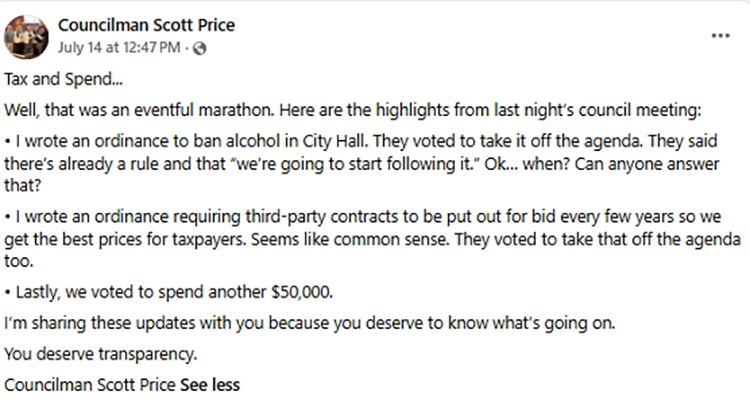 Screenshot of Councilman Scott Price's Facebook post about a council meeting