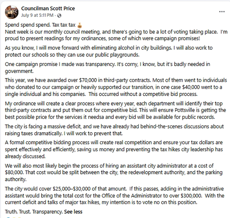 Screenshot of Councilman Scott Price's Facebook post about third-party contracts