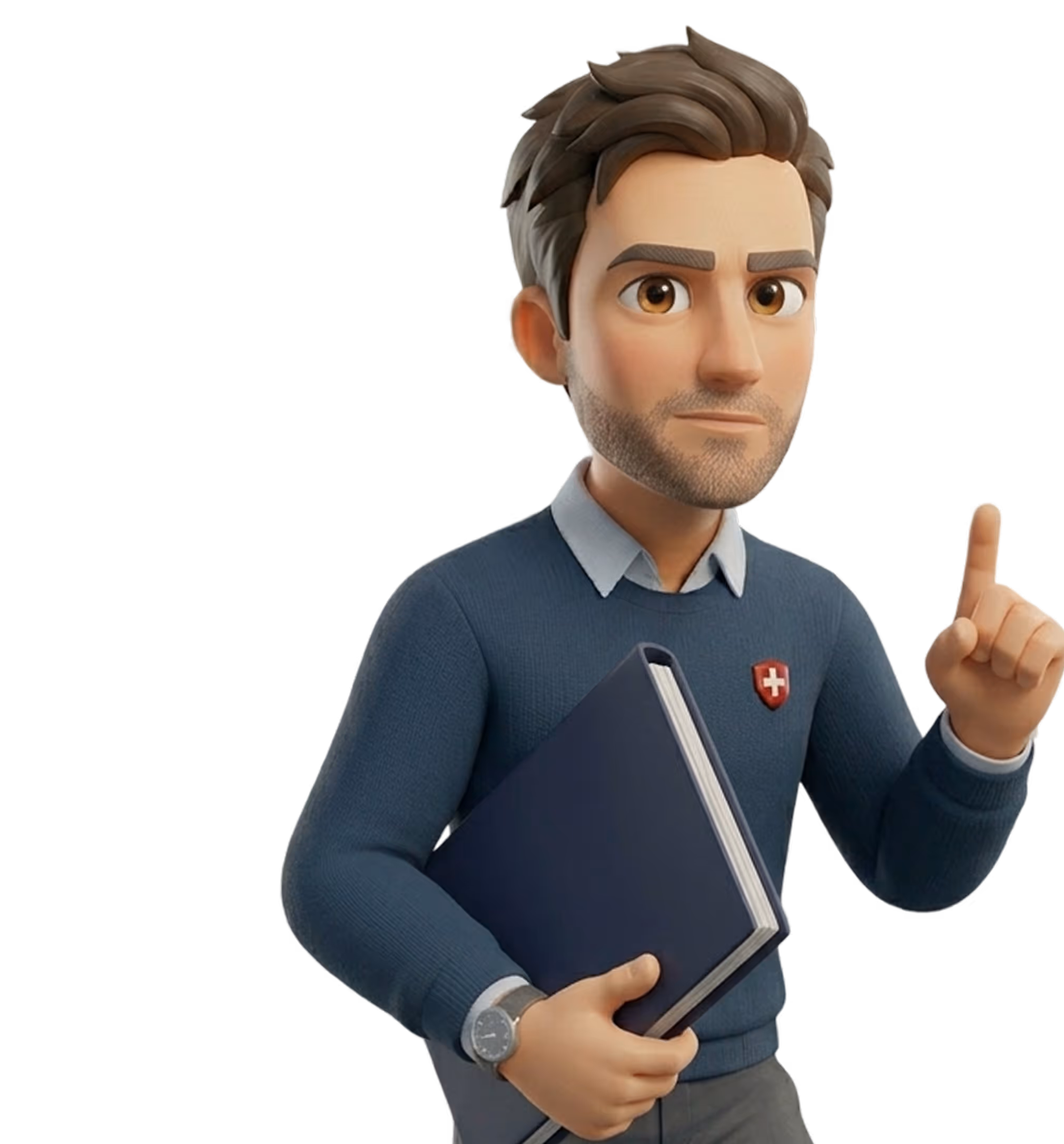 3D animated man holding a dark blue book and raising his index finger, wearing a blue sweater with a Swiss flag patch and a watch.