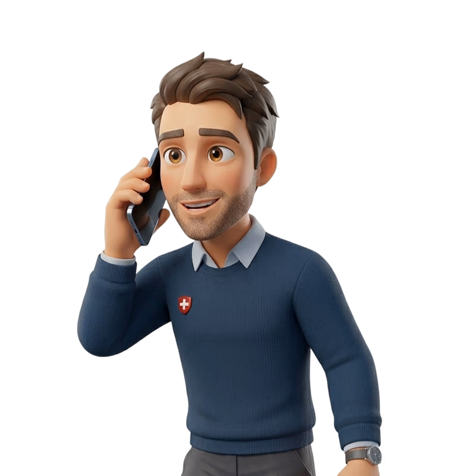 3D animated man with brown hair and beard, wearing a blue sweater and talking on a smartphone.