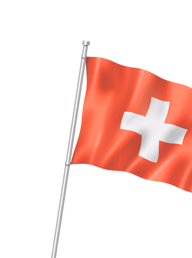 Waving Swiss flag with a white cross on a red background attached to a silver flagpole.