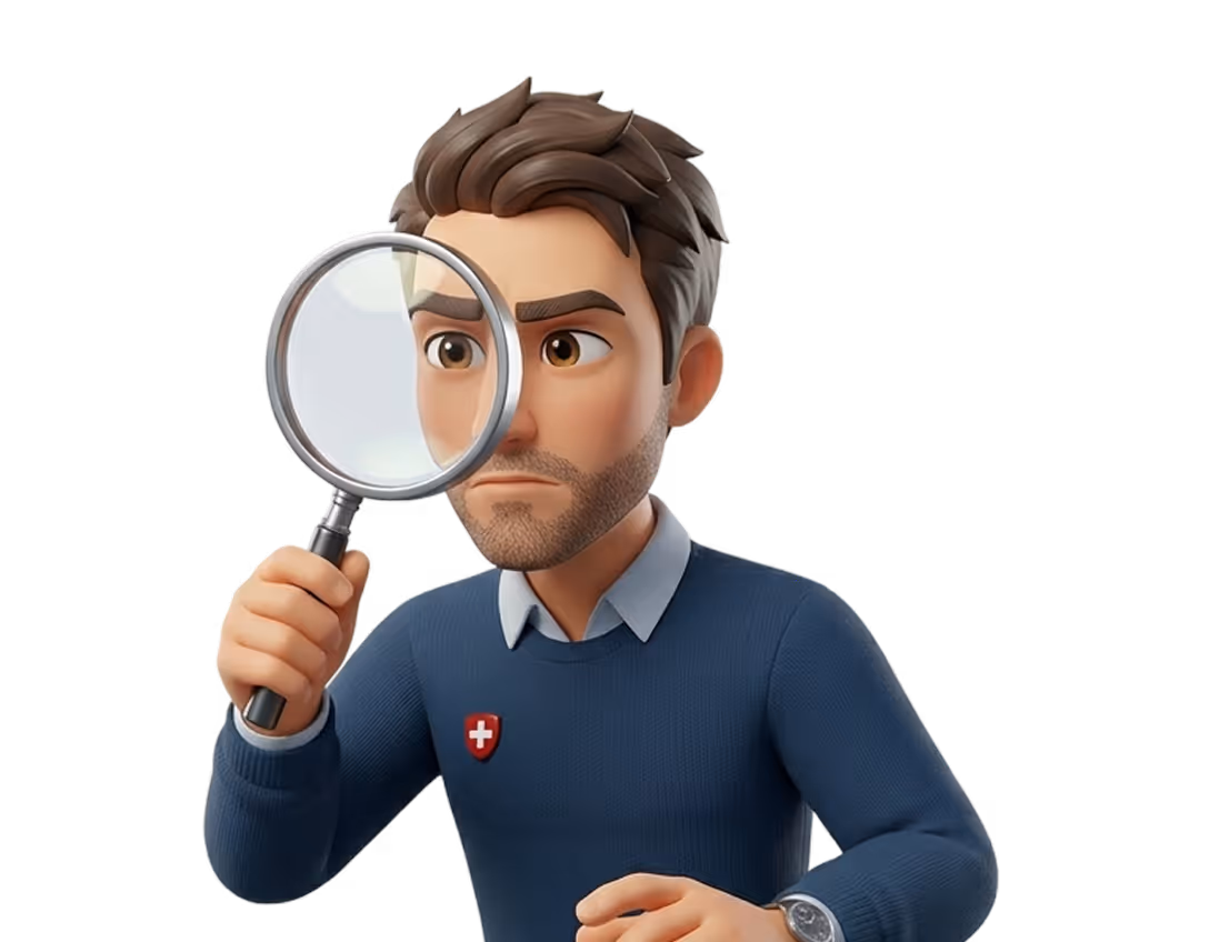 3D animated man with brown hair and beard examining closely through a magnifying glass.