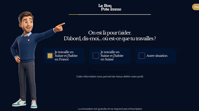 Illustration of a man pointing to a survey question in French asking where the user works with options for working in Switzerland and living in France, working in Switzerland and living in Switzerland, or other situation.