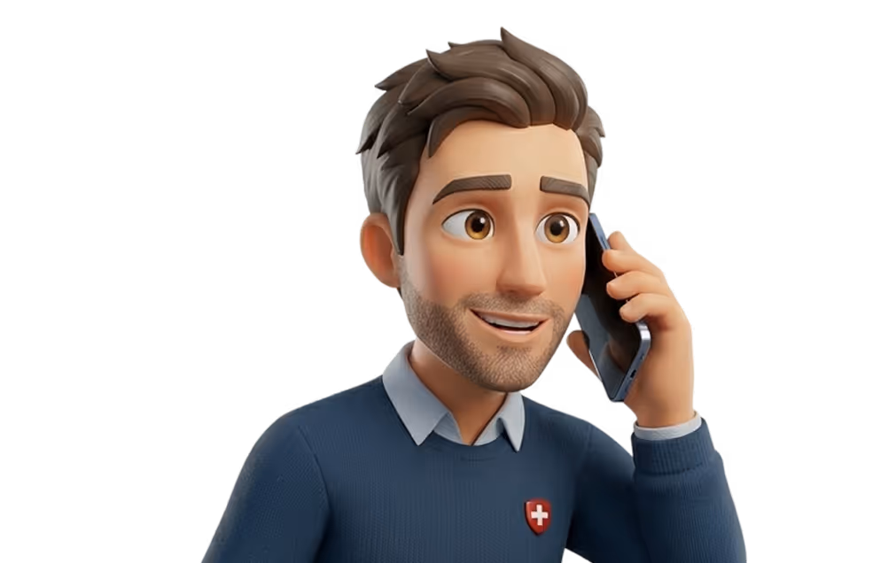 3D cartoon man with brown hair and beard talking on a smartphone, wearing a blue sweater with a white cross emblem.