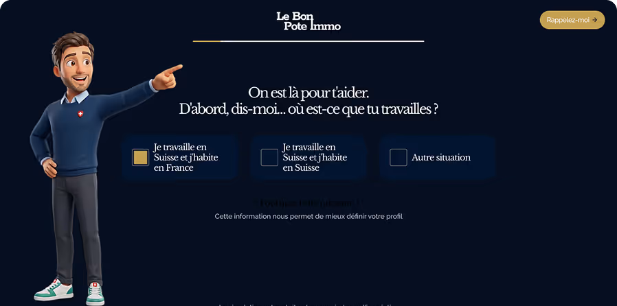 Illustrated man pointing to a question on a dark interface asking about work and residence location with options for living in France, Switzerland, or another situation.