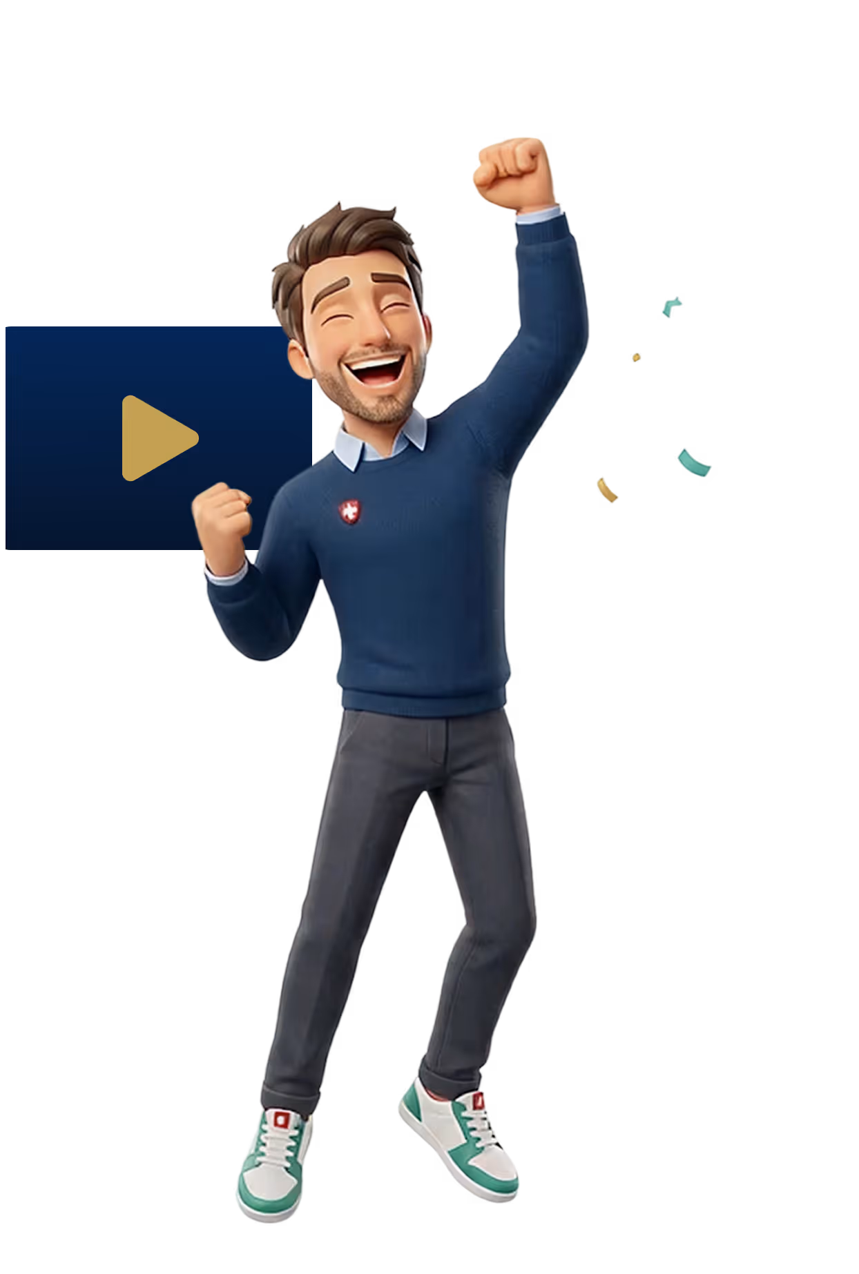 3D cartoon man with brown hair wearing a blue sweater and gray pants, celebrating with raised fists and a joyful expression.