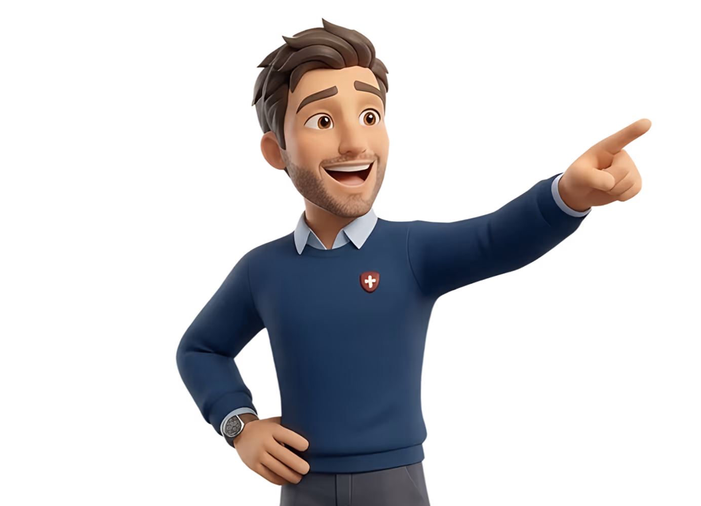 3D animated man with brown hair and beard wearing a blue sweater pointing to the right with a smiling expression.
