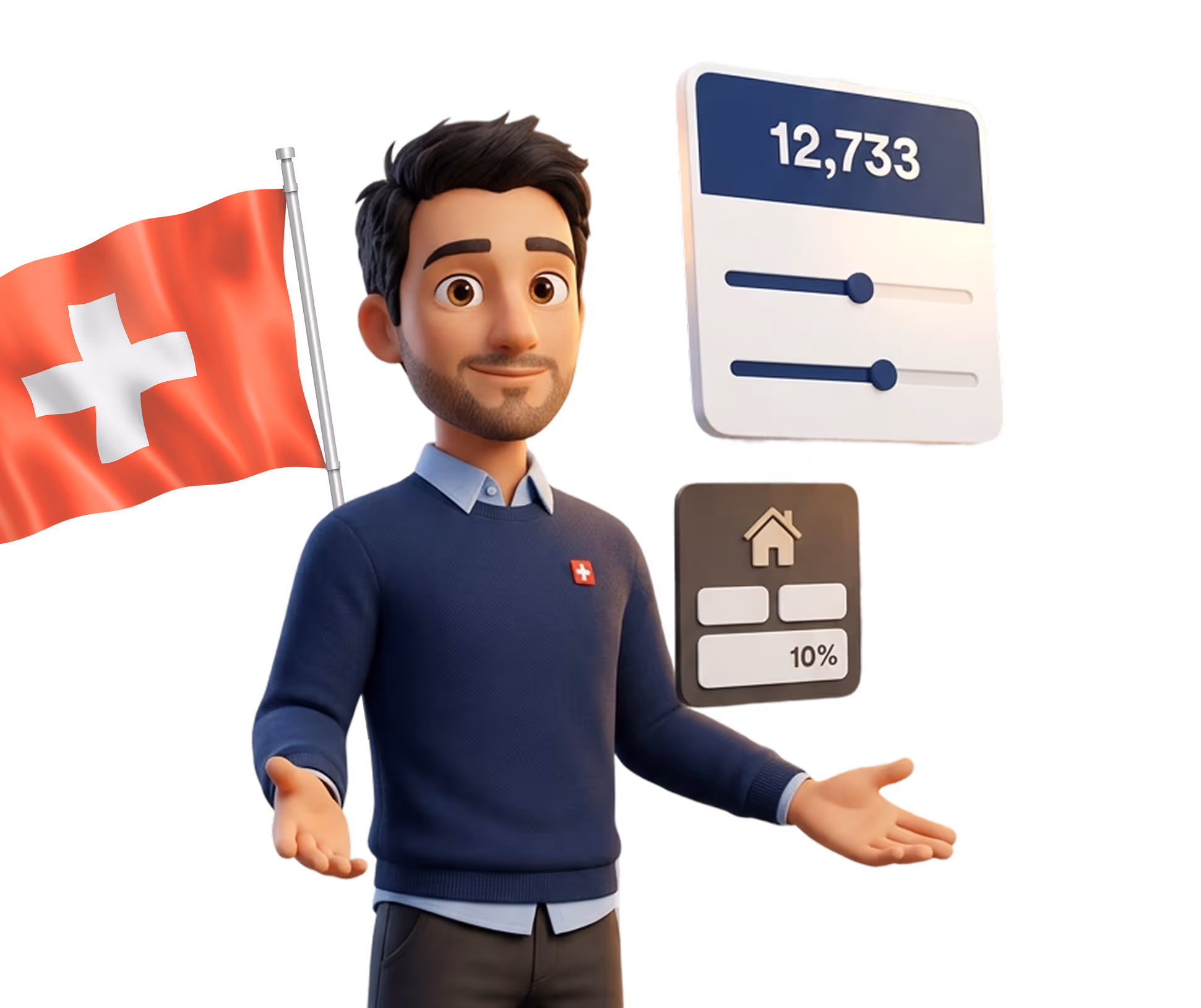3D cartoon man in a navy sweater with a Swiss flag pin, standing next to a waving Swiss flag and floating UI elements showing the number 12,733 and a home icon with 10%.