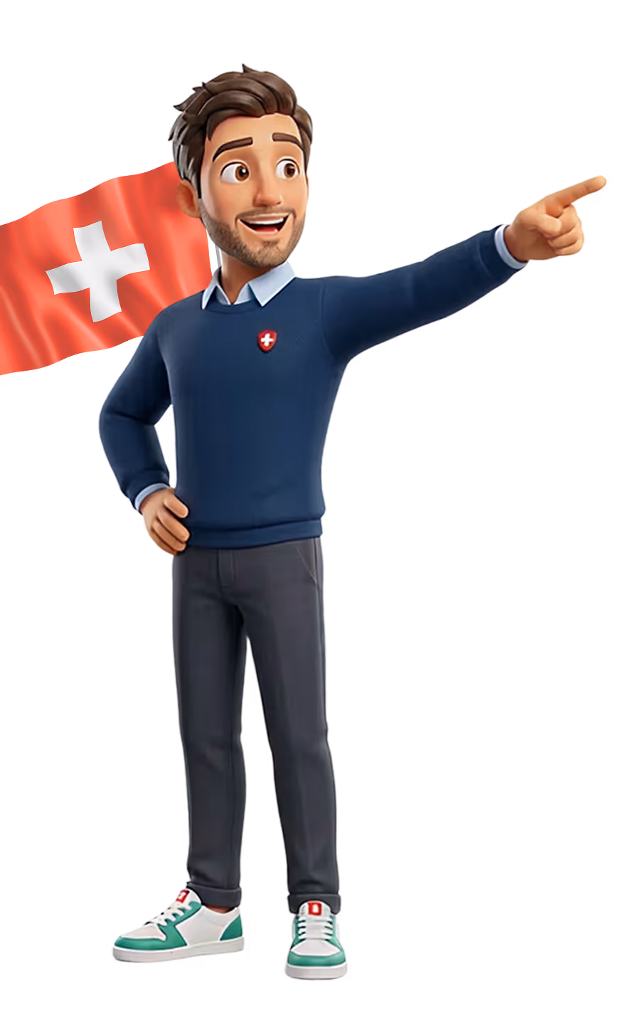 3D cartoon man with brown hair and beard wearing a blue sweater pointing right, with a waving Swiss flag behind him.