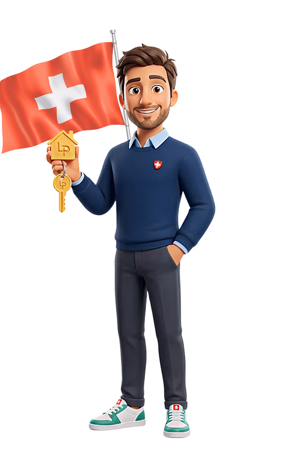 Smiling man holding a house-shaped keychain and a key with a Swiss flag behind him.