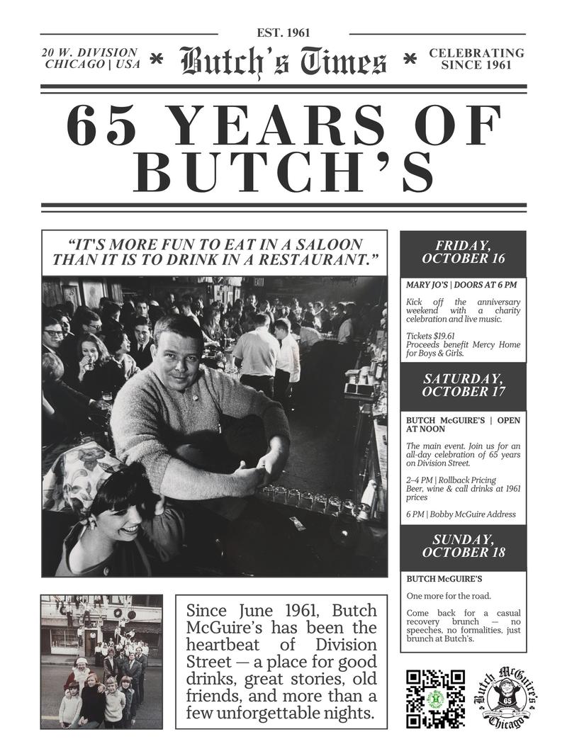 Butch McGuire's 65th Anniversary Party poster — tap for tickets