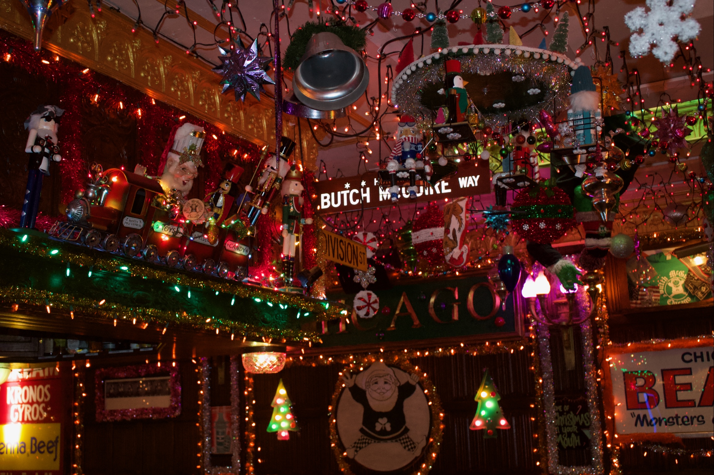 Butch McGuire Way sign lit up for Christmas