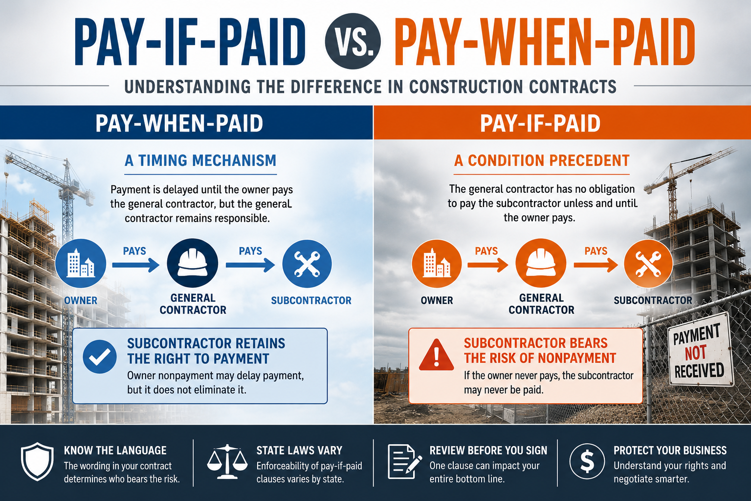 Pay-if-paid vs. pay-when-paid construction contract payment clause comparison