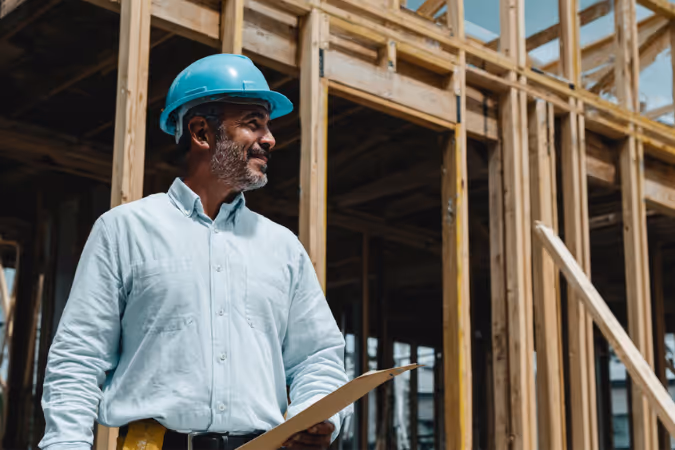 Smiling construction worker wearing a blue hard hat and holding a clipboard at a wooden building site.