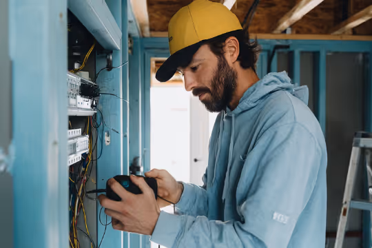 Construction worker wearing yellow helmet and ear protection measuring wooden beam at a building site.