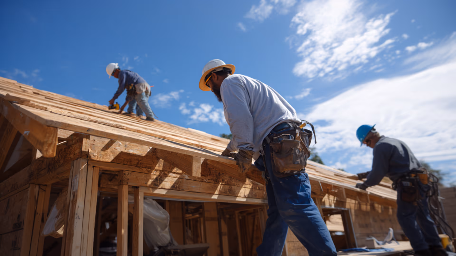 Three roofers wearing hard hats working on wooden roof framing under a blue sky.