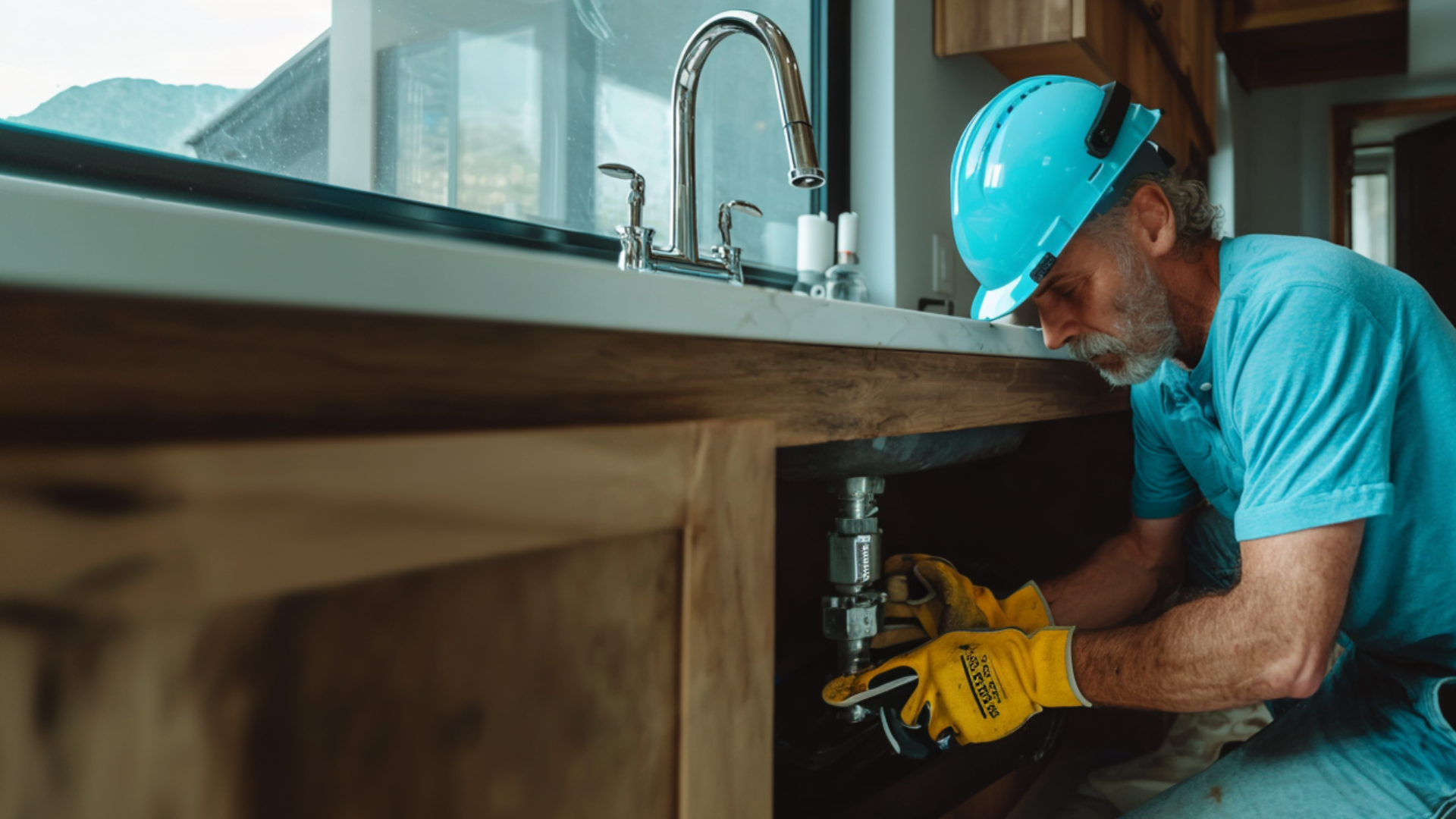 Plumber wearing a blue shirt and helmet fixing pipes under a kitchen sink with wooden cabinets.