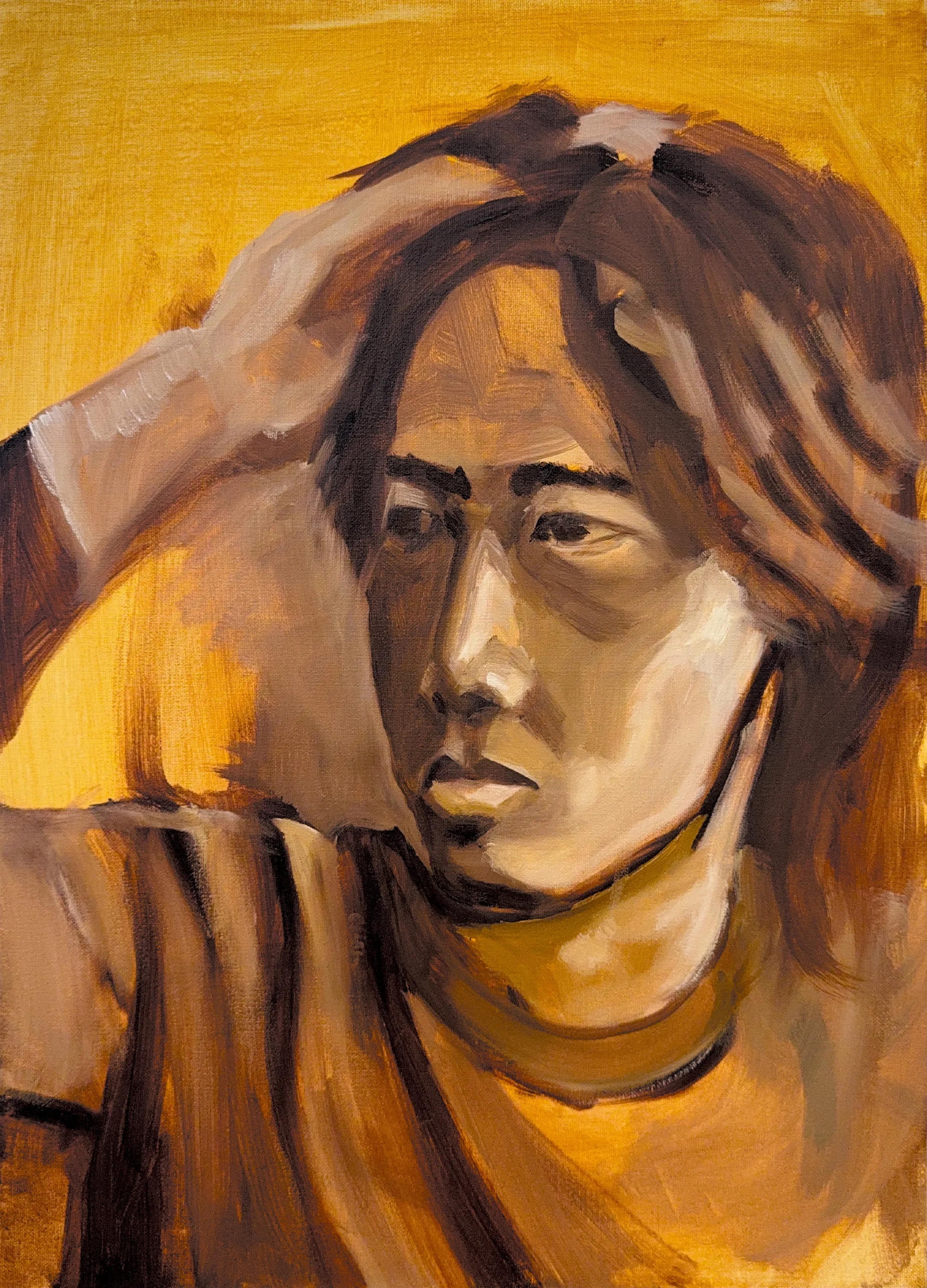 First stage of Kyle's Portrait, the figure painted in browns on a gold ground with one hand raised into the hair, before the blue hair and the coloured shapes.