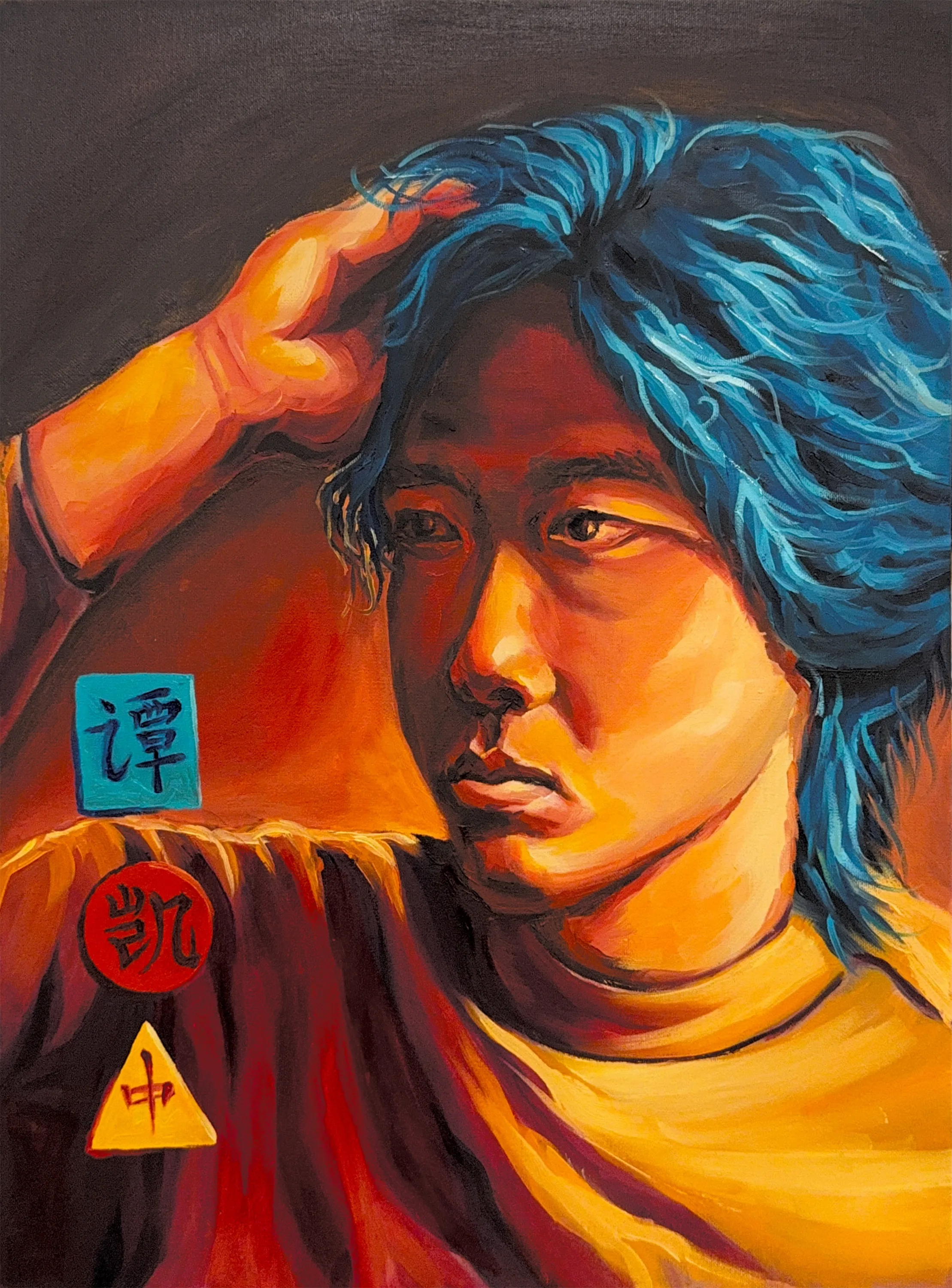 Finished Kyle's Portrait, the young man with vivid blue hair shading his eyes in a gold garment on a dark ground, a teal square, red circle and yellow triangle at his shoulder.